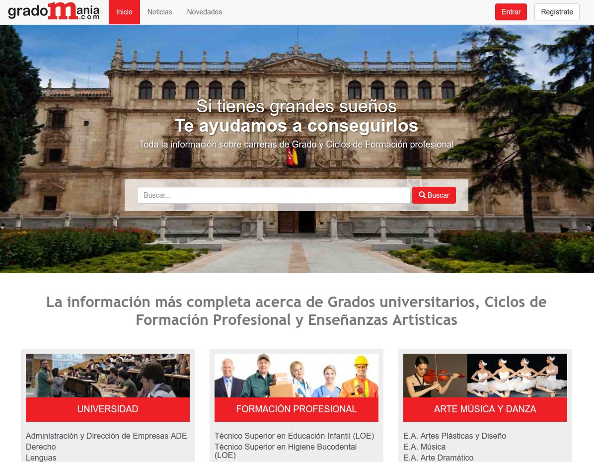 Imagen de la home de la web de gradomania.com. Informacion de Grados y Carreras universitarias