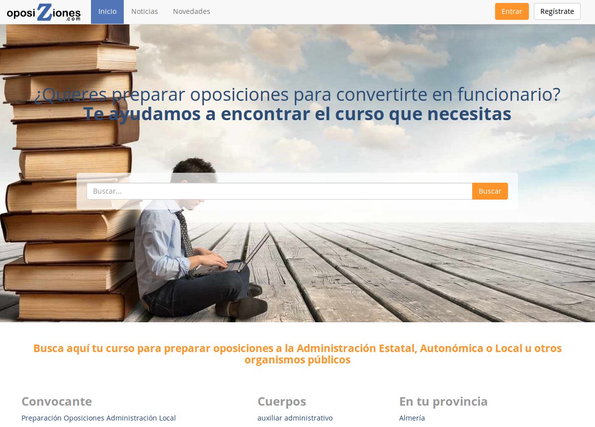 Imagen de la home de la web de oposiziones.com. Información de cursos y temarios de oposiciones de academias en toda España