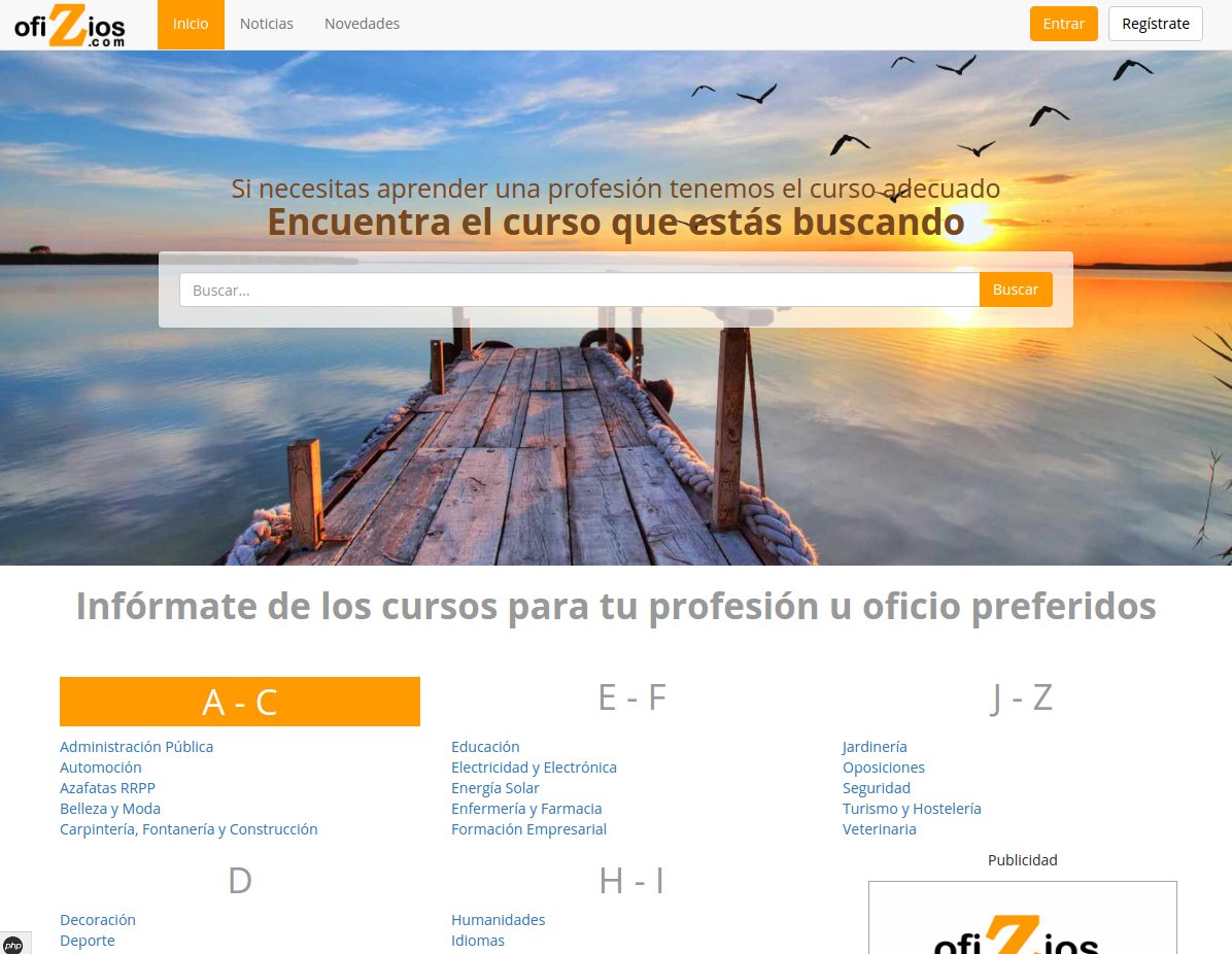 Imagen de la home de la web de ofizios.com. Buscador de cursos de oficios y profesiones